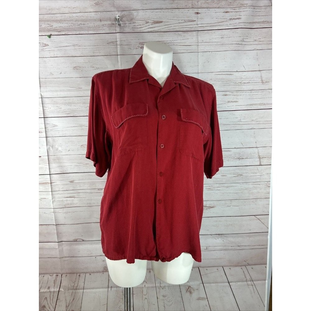 PARADISE COVES Red 100% SILK Button Front TOP Womens size Large Collared Shirt